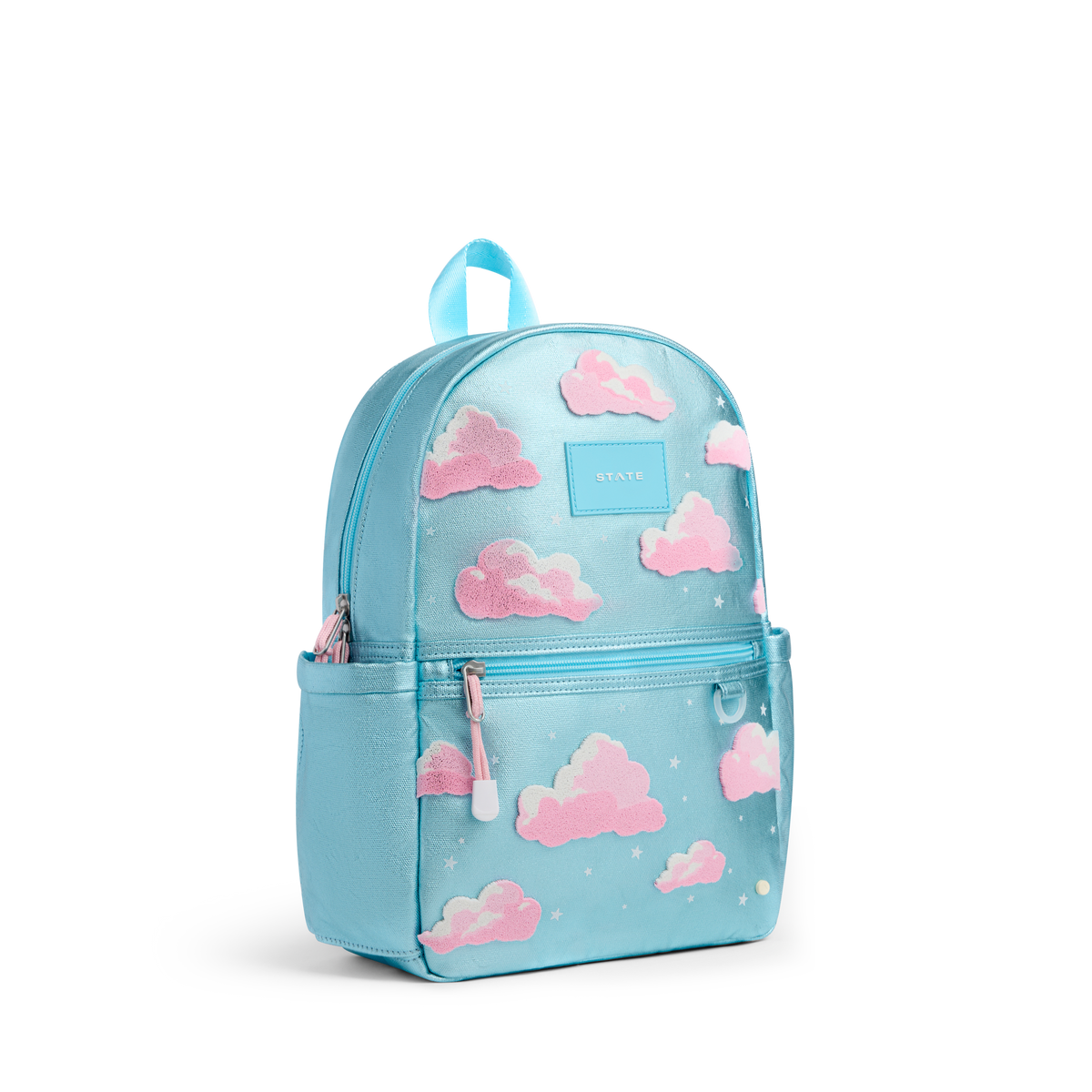 Light blue backpack with pink cloud pattern on a white background