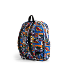 Backpack with colorful comic book pattern on a white background