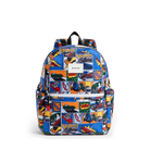 Colorful backpack with comic book-style design on a white background