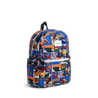 Backpack with colorful graphic design on a white background