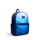 Blue geometric-patterned backpack on a white background