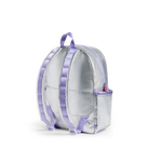 Silver backpack with purple accents on a white background