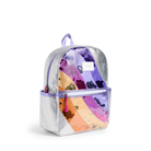 Backpack with colorful interior and clear front pocket on a white background