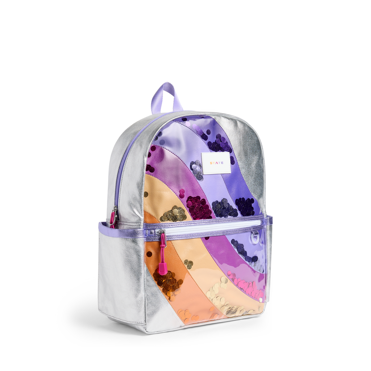 Backpack with colorful interior and clear front pocket on a white background