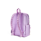 A metallic lavender-purple backpack shown from the back, featuring padded shoulder straps, a top carry loop, and a side pocket, set against a plain white background.