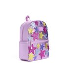 A lavender purple backpack decorated with colorful 3D star patches in pink, yellow, and blue, shown against a plain white background.