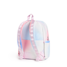 A pastel ombre backpack with a color-shifting finish, featuring pink, light blue, and white gradient panels, shown from the back on a white background.