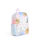 A small iridescent pastel backpack with a celestial print featuring gold suns, silver and white crescent moons, and blue stars, shown on a plain white background.