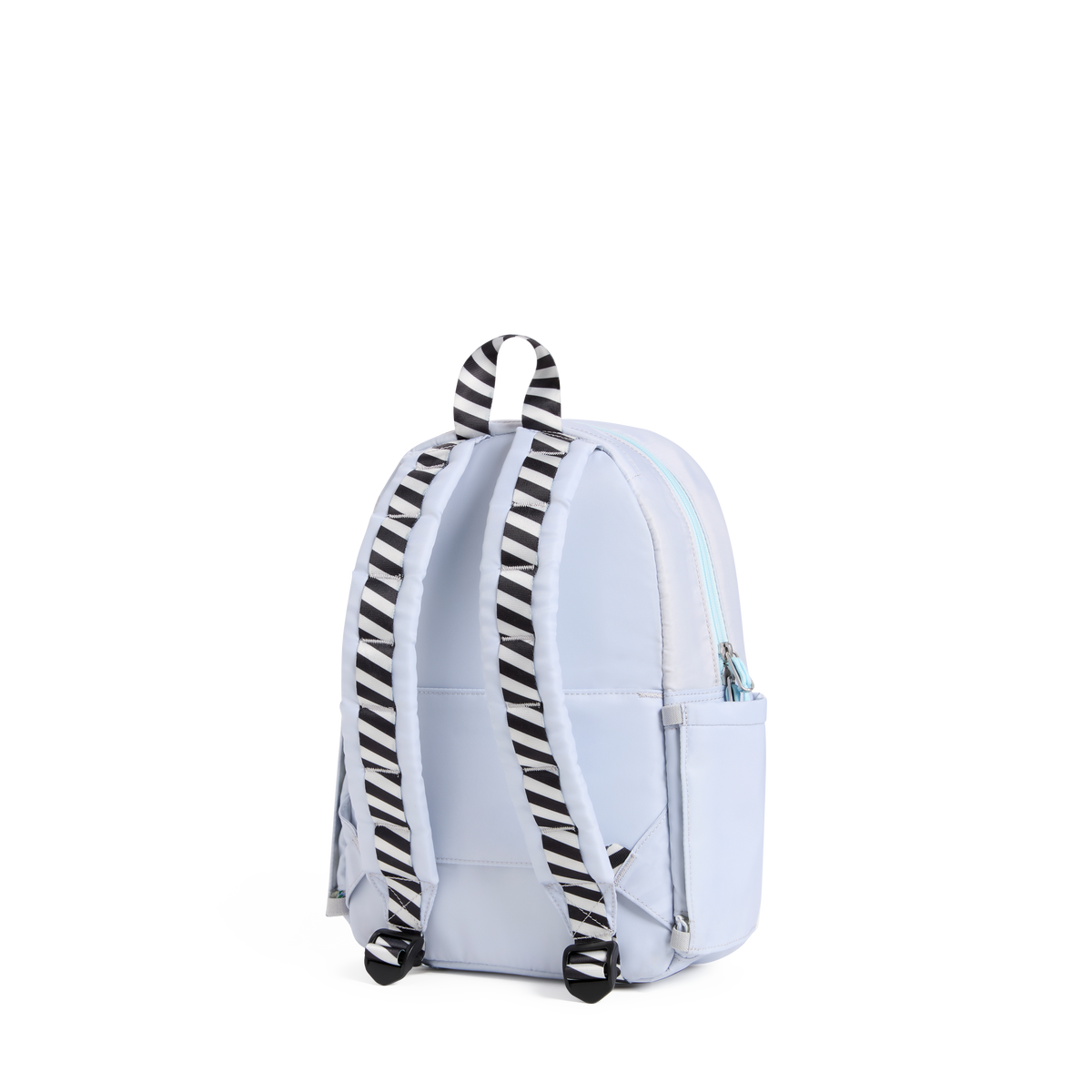 A light blue backpack shown from the back, featuring black and white striped shoulder straps and a zippered main compartment.