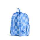 A blue and white checkered backpack shown from the back on a clean white background.