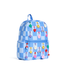 A light blue and white checkered backpack decorated with colorful cartoon character charms, shown on a plain white background.