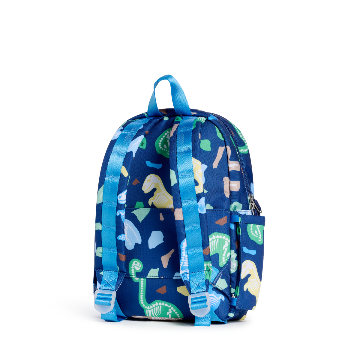 A small blue backpack with a dinosaur and abstract pattern, shown from the back on a white background.
