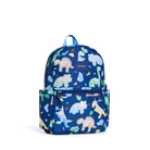 A blue backpack with a colorful dinosaur and rock print, featuring a top handle, front zippered pocket, and a small 'STATE' brand patch on the upper front.