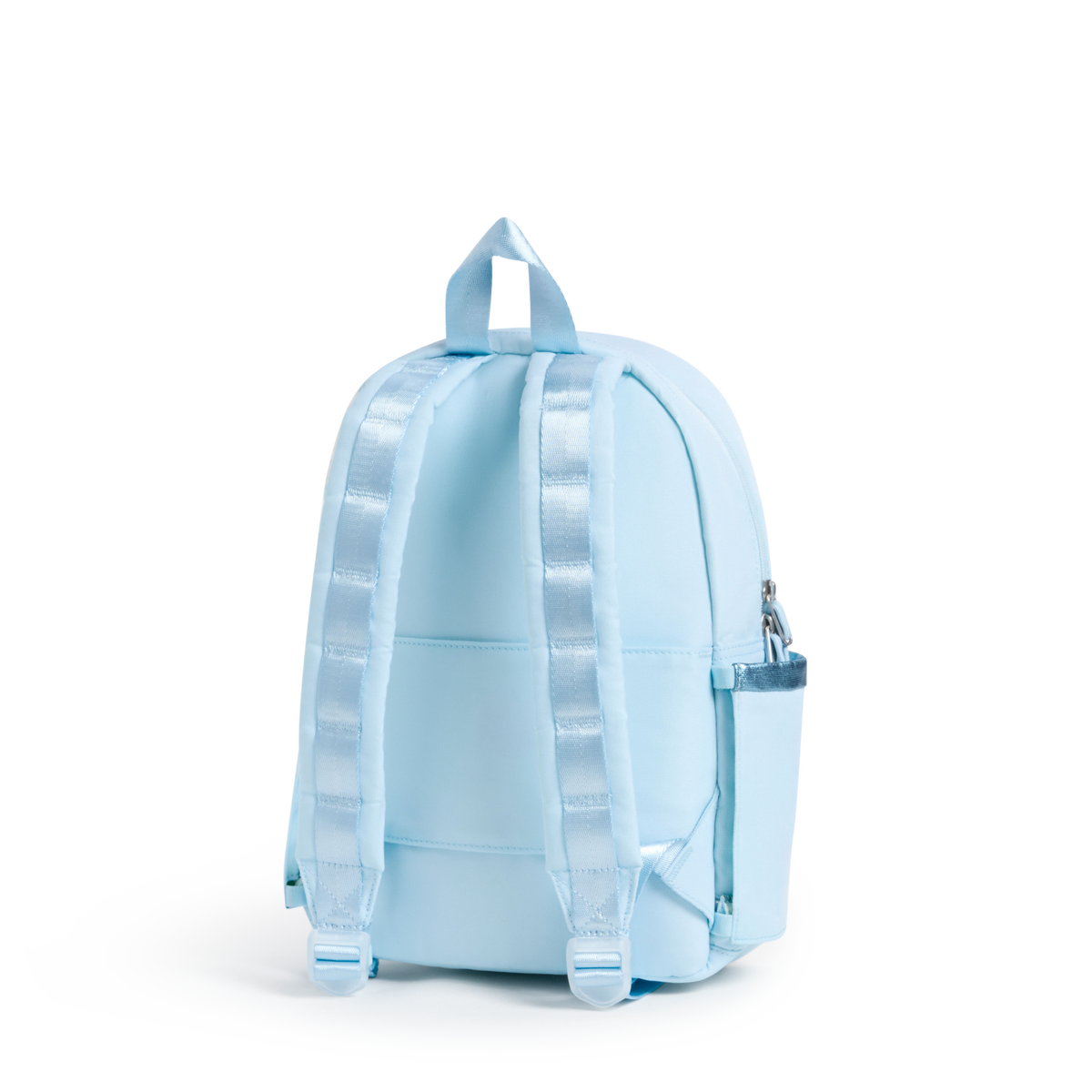 A light blue backpack shown from the back, featuring padded shoulder straps, a top carry handle, and a side zippered pocket, photographed on a clean white background.
