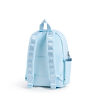 A light blue backpack shown from the back, featuring padded shoulder straps, a top carry handle, and a side zippered pocket, photographed on a clean white background.