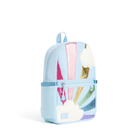 A light blue backpack featuring a whimsical ice cream cone and rainbow design with glittery and applique details, set against a plain white background.