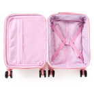 Open view of a pink State Bags Mini Logan carry-on suitcase, revealing light pink interior lining with elastic compression straps and a zippered mesh compartment, set against a transparent background.