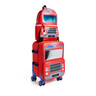 Two red State Bags Mini Logan carry-on suitcases stacked vertically, designed to look like firetrucks, featuring blue telescopic handles, 360-degree spinner wheels, and front graphic details including headlights, grilles, and windshields.