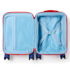 Open view of a red State Bags Mini Logan carry-on suitcase, revealing light blue interior lining with elastic compression straps and a zippered mesh compartment, set against a transparent background.
