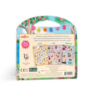 Pets Stickers by Eeboo packaging back view, showing the reverse side of the colorful arched box with product information, a badge for over 200 stickers, and previews of the three sticker sheet sizes labeled Little, Big, and Very Big.
