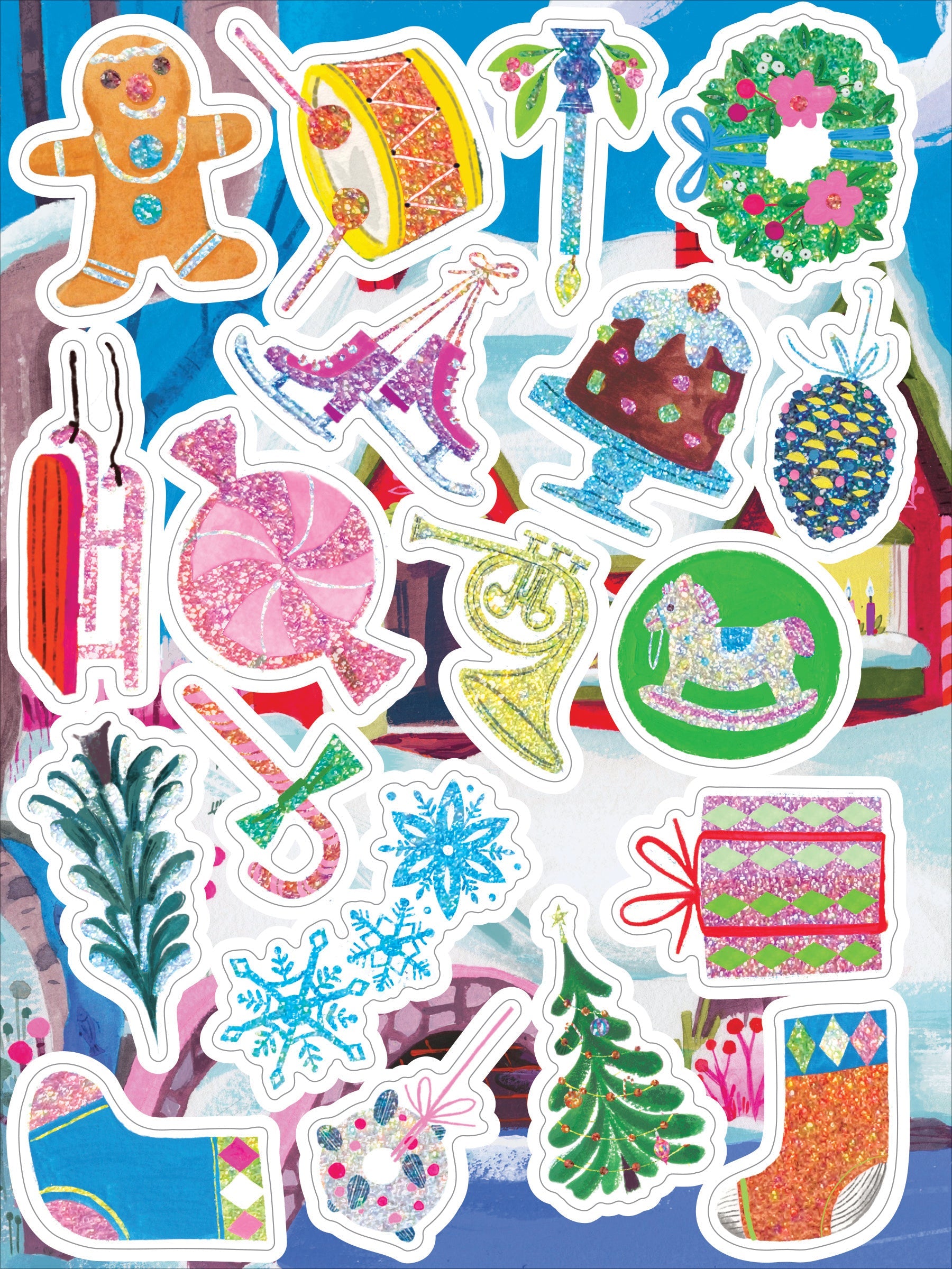Collection of colorful Christmas-themed stickers on a blue background