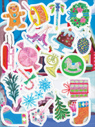 Collection of colorful Christmas-themed stickers on a blue background