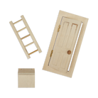Wooden fairy door with ladder and bag on a white background