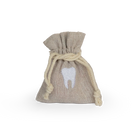 Hessian drawstring bag with a tooth graphic on a white background