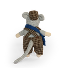 Stuffed toy mouse in tweed outfit with a houndstooth cap on a white background