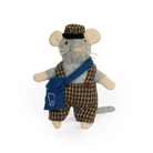 Stuffed toy mouse in a brown outfit with a blue sash on a white background