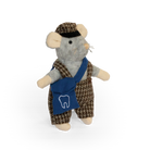 Stuffed toy mouse in a costume with a blue bag featuring a tooth symbol on a white background