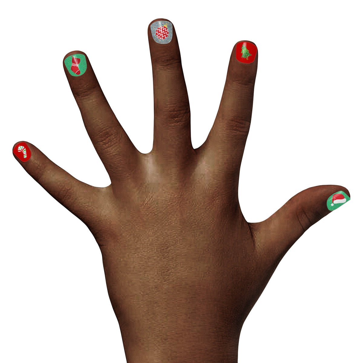 Hand with decorated nails on a white background