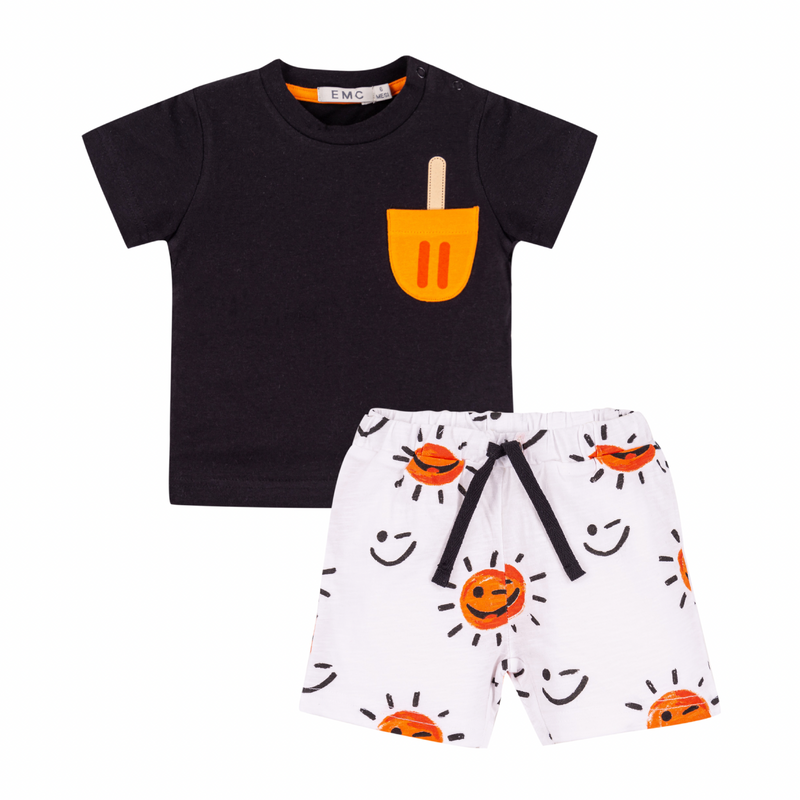 Jersey T-Shirt and Printed Shorts Set - Black Popsicle Tee and Sun Print Shorts by EMC FINAL SALE