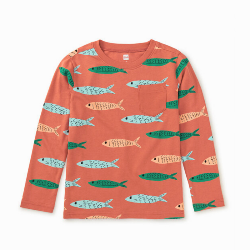 Long Sleeve Printed Pocket Tee - School of Anchovies by Tea Collection - FINAL SALE