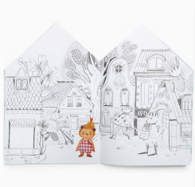 Coloring book with illustrations of a town scene and characters.