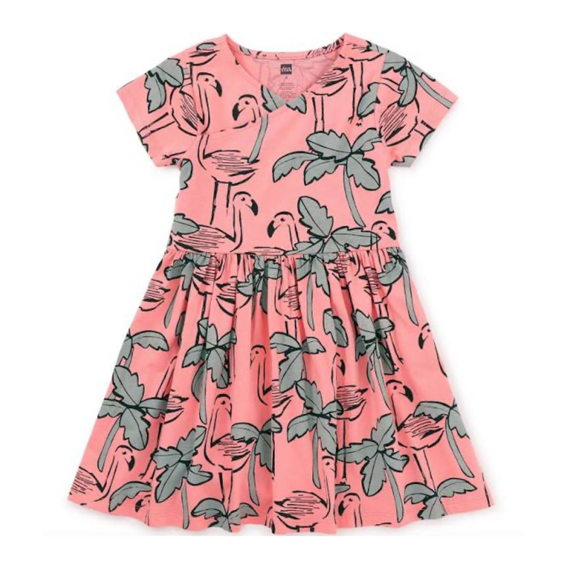 Short Sleeve Wrap Neck Dress - Flamingo Sketch by Tea Collection FINAL SALE