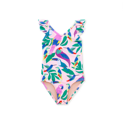 Ruffle One-Piece Swimsuit -Tropical Bird Flock in Pink by Tea Collection