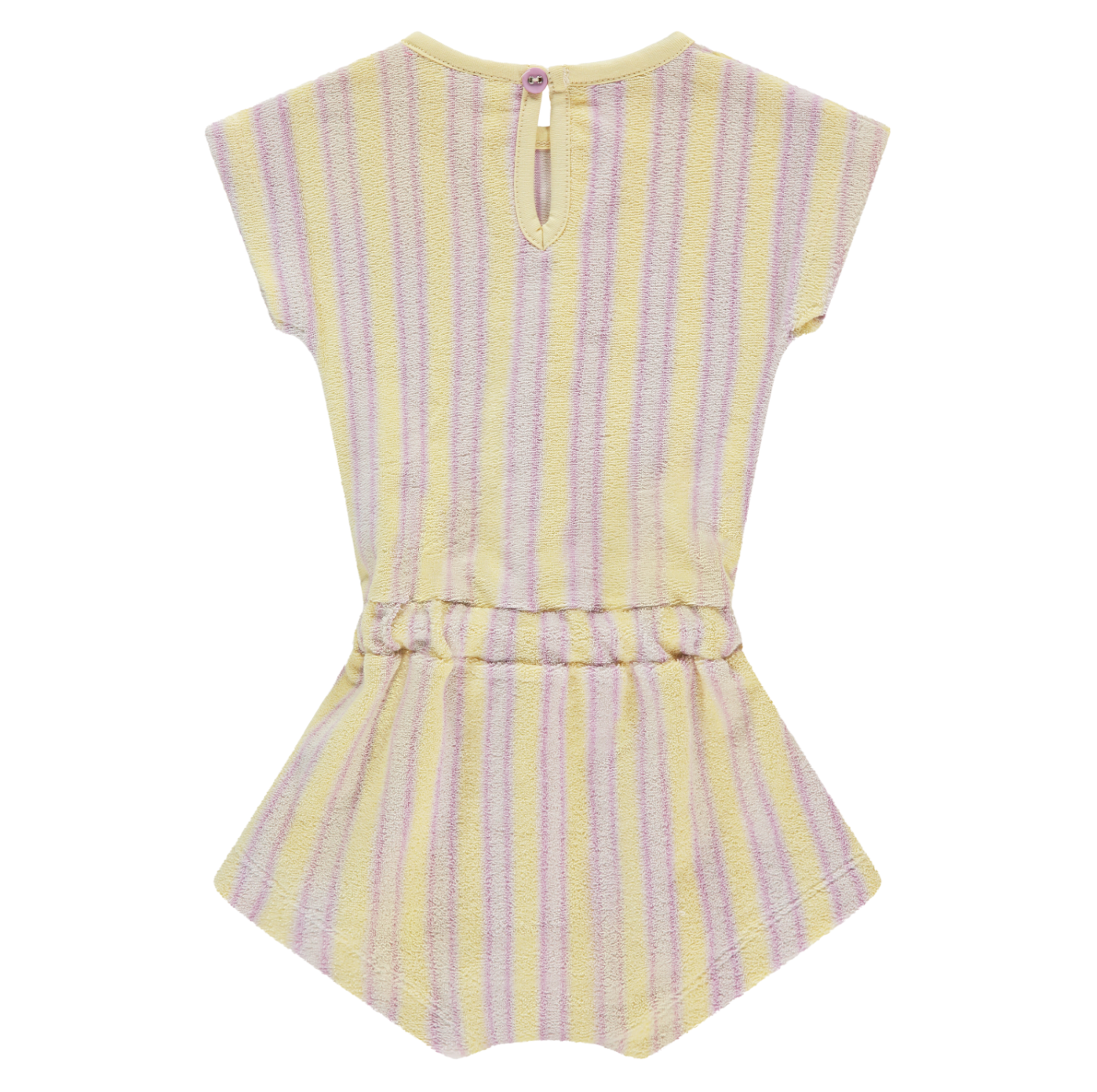 Yellow and purple striped romper on a white background
