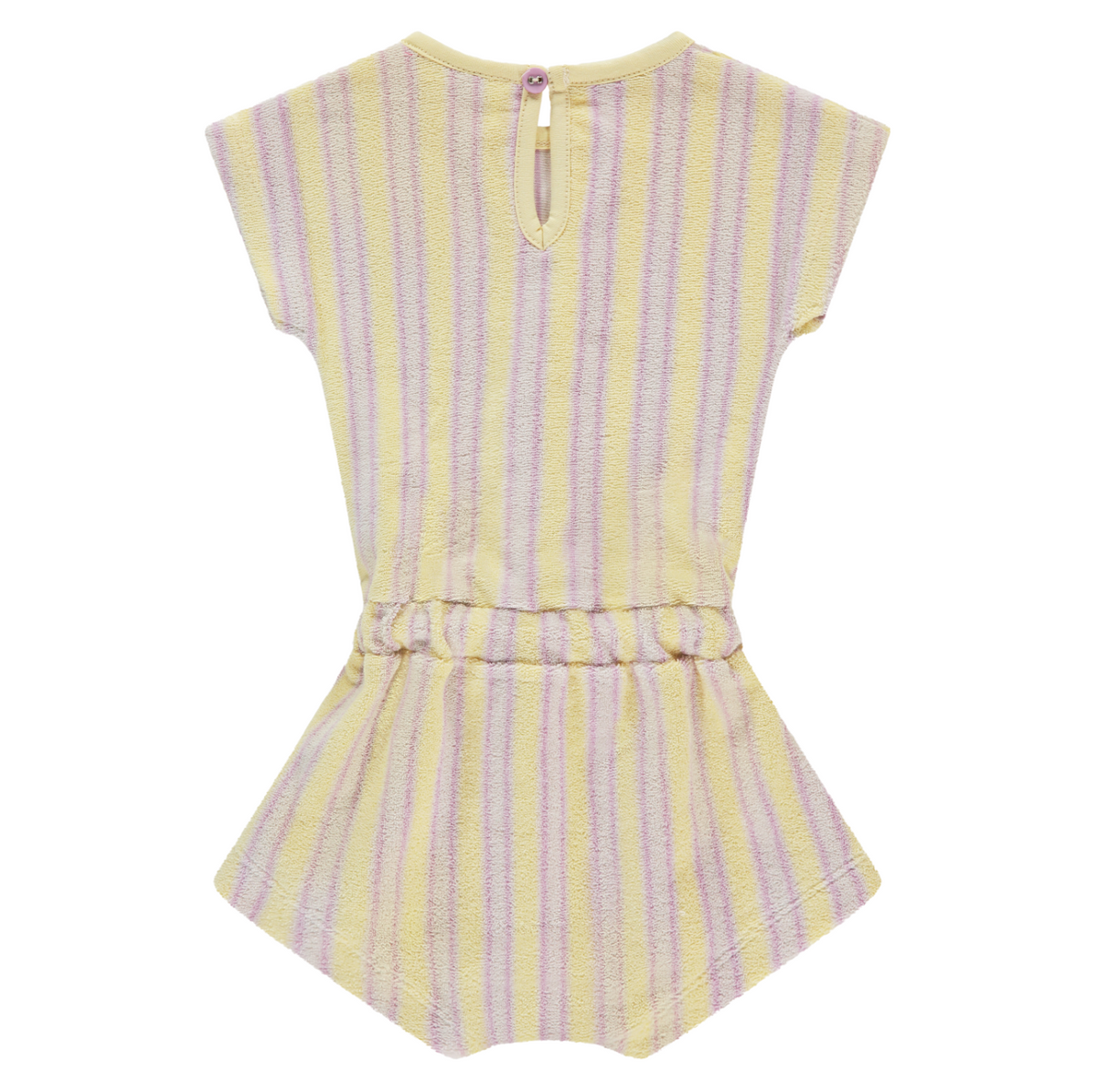 Yellow and purple striped romper on a white background