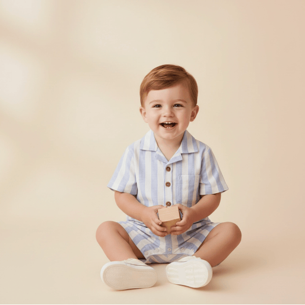 Child wearing a blue and white checkered outfit with wooden blocks on a beige background