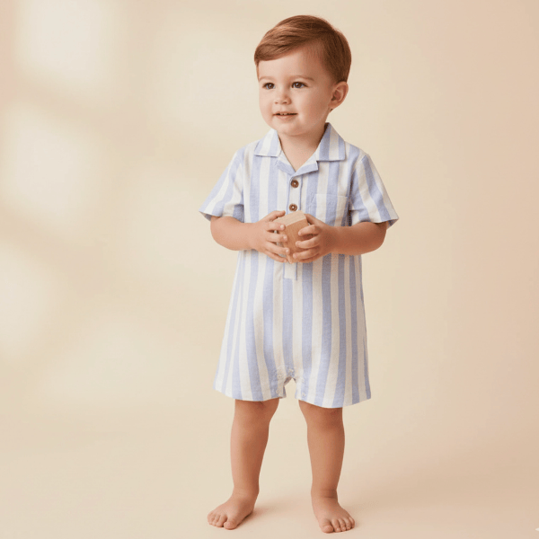 Child wearing a blue and white striped outfit on a beige background