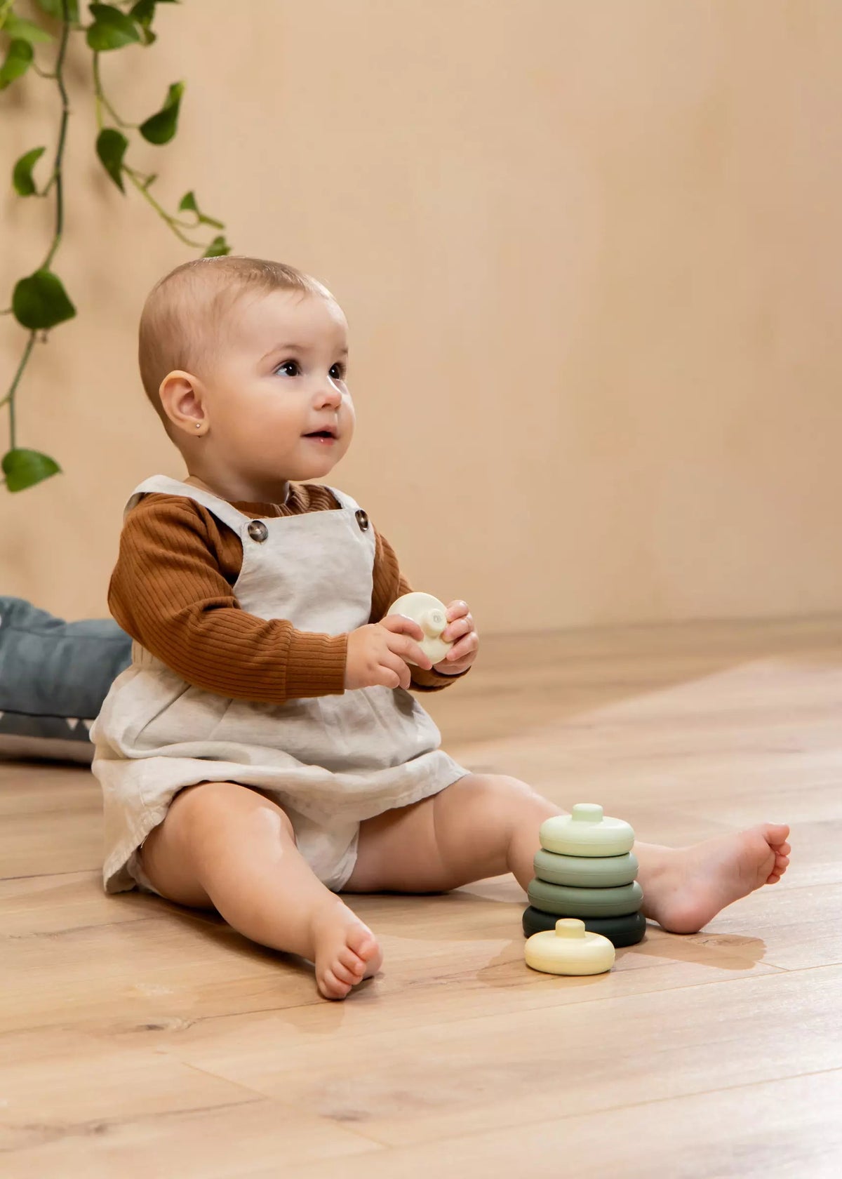 Baby sitting on a wooden floor holding a toy, with a neutral background