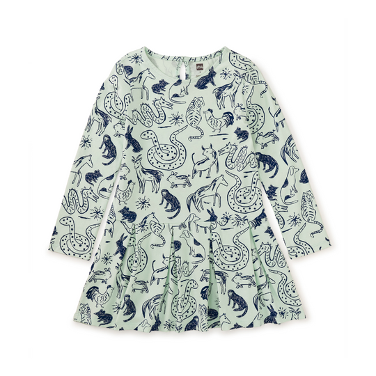 Long Sleeve Pleated Skater Dress - Sketched Lunar New Year Animal by Tea Collection - FINAL SALE
