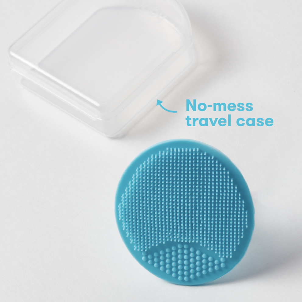 Blue silicone scrubber with 'No-mess travel case' text on a white background