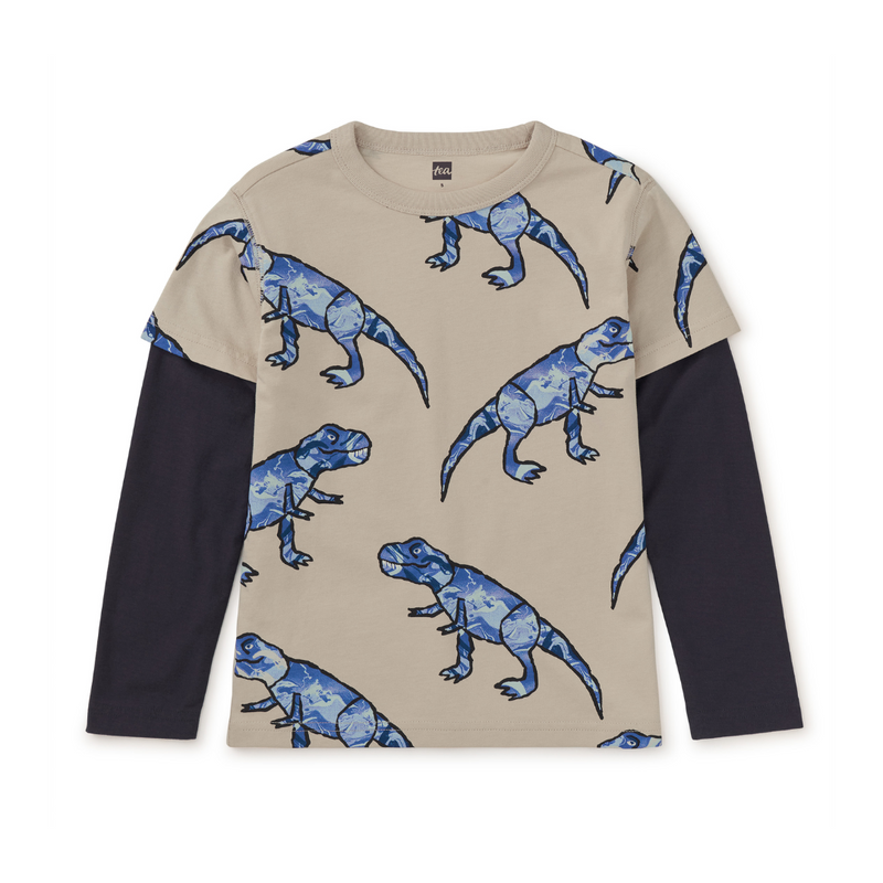 Printed Layered Sleeve Tee -T-Rex in Marble by Tea Collection