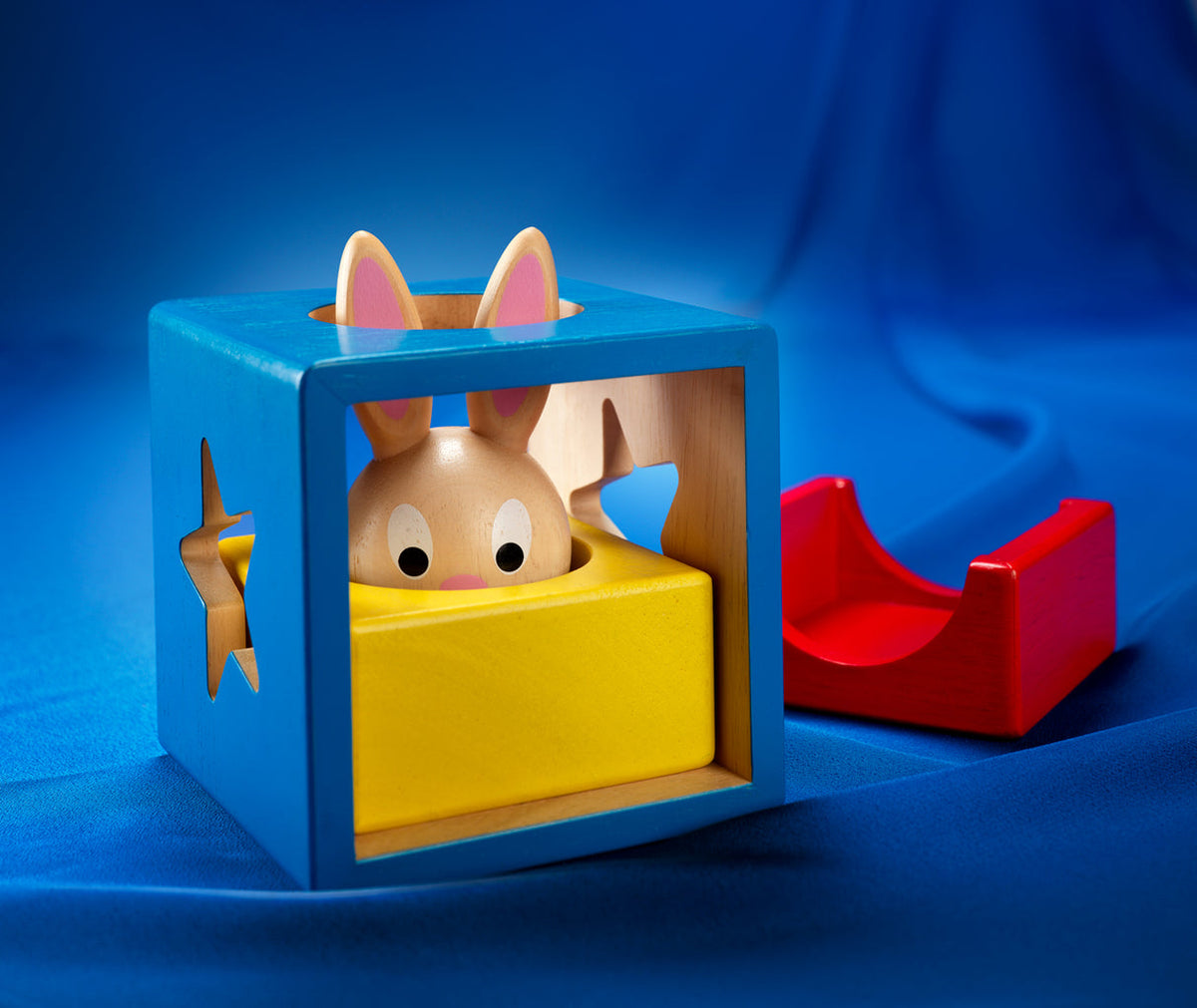 Toy with a rabbit-like figure inside a blue cube on a blue background