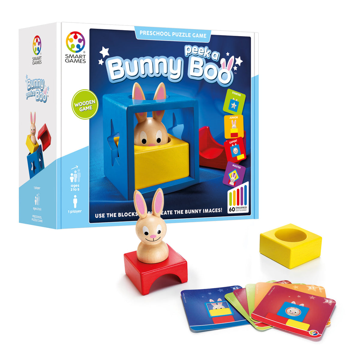 Smart Games Peek a Bunny Boo puzzle game set with packaging, bunny figure, and cards on a white background