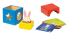 Children's educational toy set with colorful boxes and cards featuring a rabbit design.