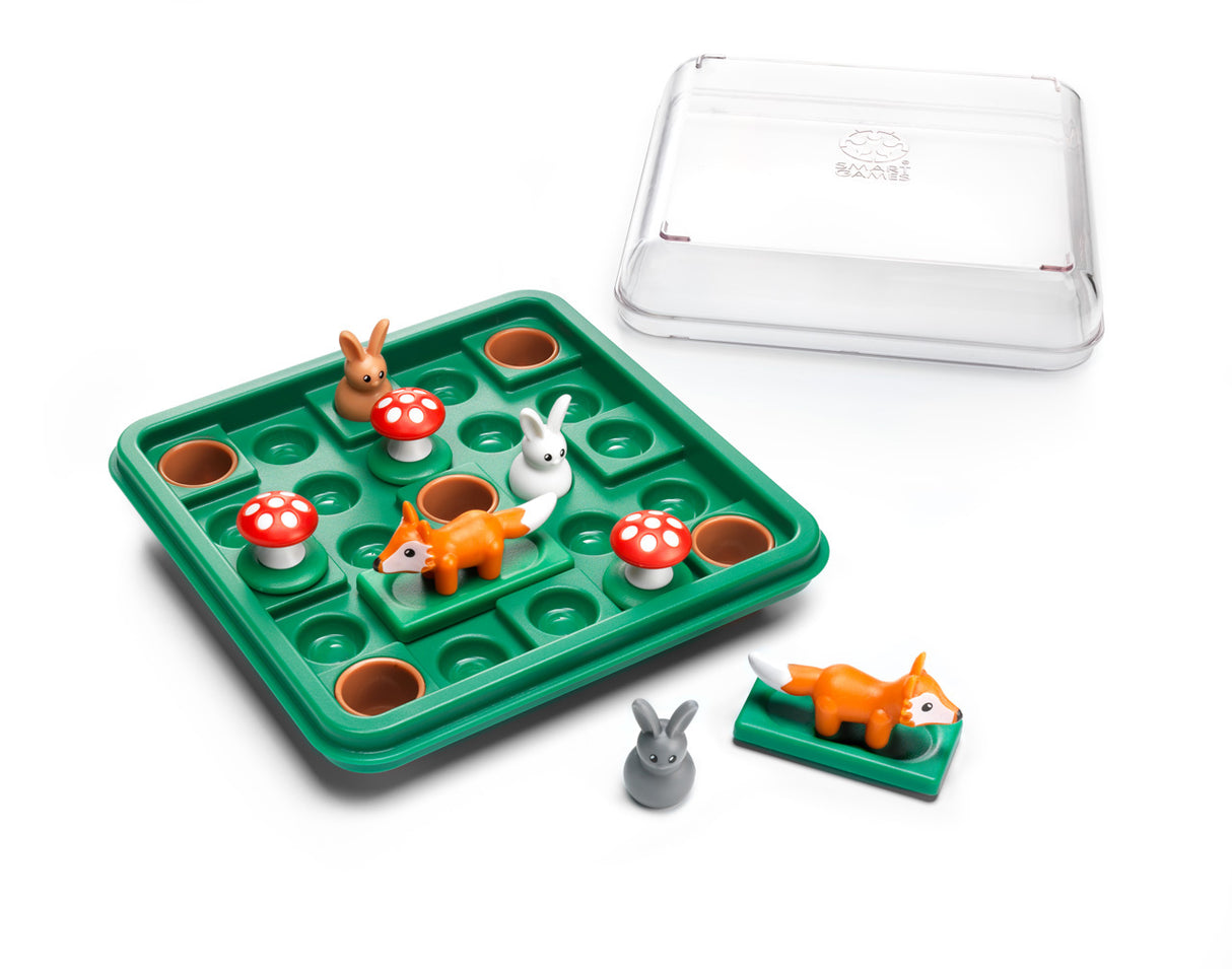 Board game with animal figures and a transparent carrying case on a white background