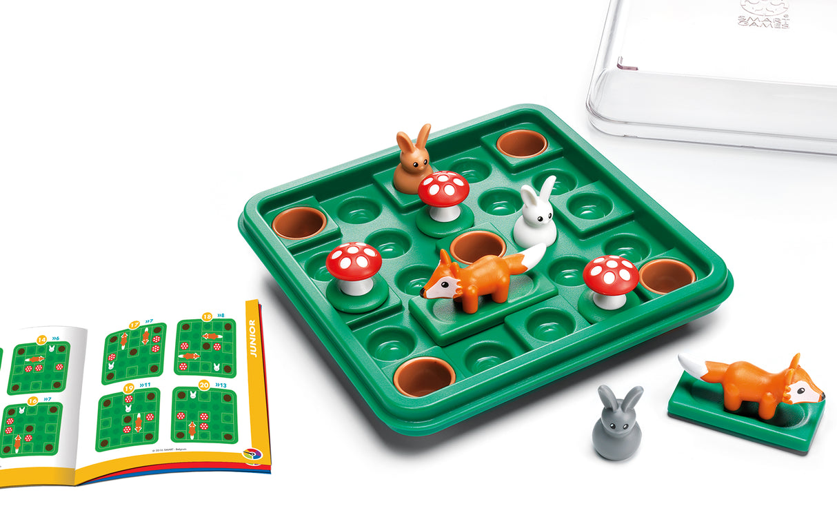 Children's board game with animal figures and a green board on a white background